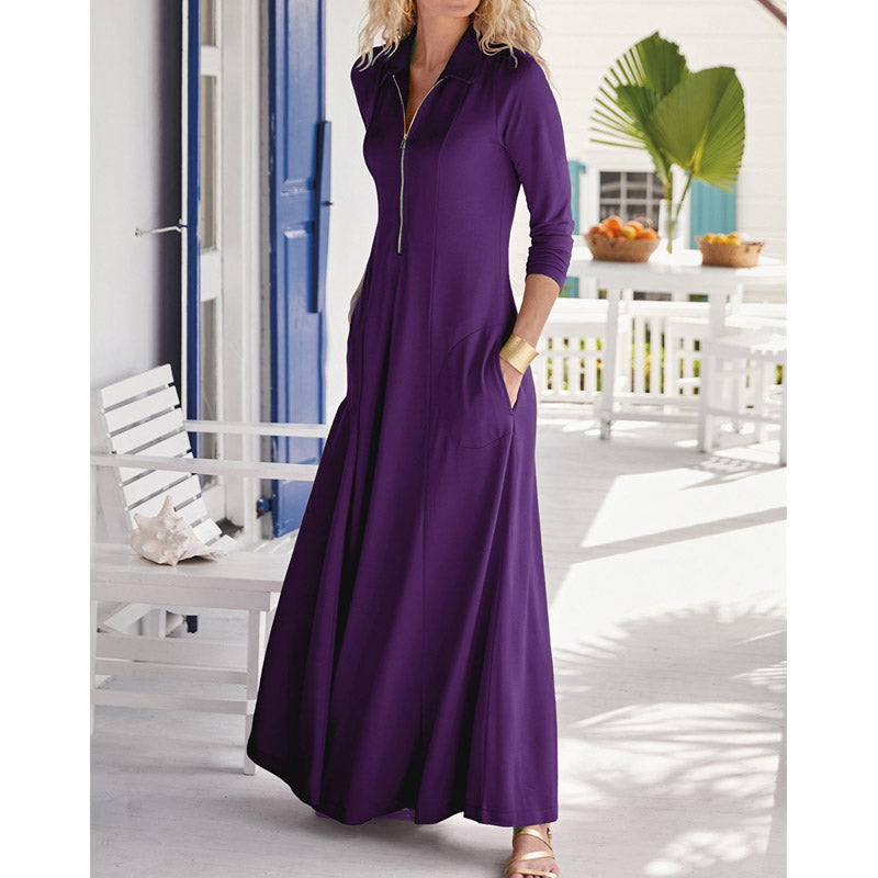 Work Dresses with Pockets Long Sleeve Solid Color Pocket Midi Dress