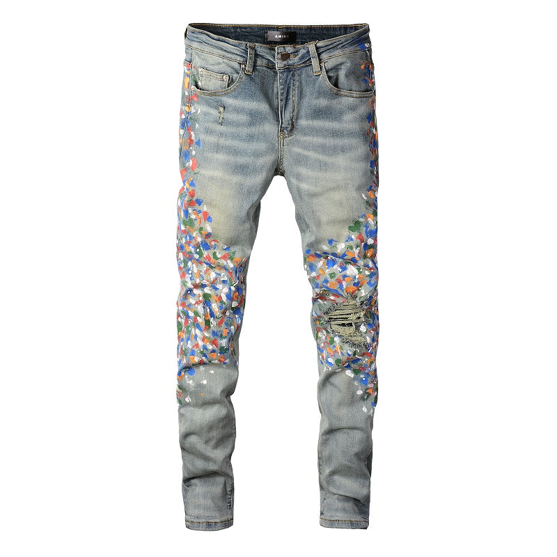Amiri Jeans Casual Hip Hop Wash Splash-Ink Painted Slim Jeans Casual Fashionable 868