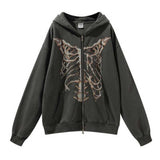 Present Hoodie Skeleton Print Zipper Hooded Sweatshirt Vintage