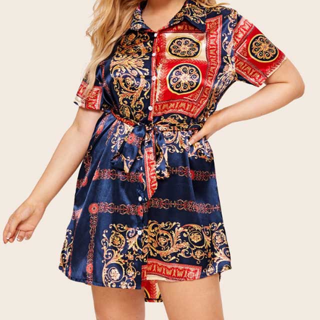 Women Plus Size Mini Dresses Printed Breasted Shirt Dress