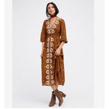 Women Dresses Summer V-neck Cotton and Linen Embroidered Dress