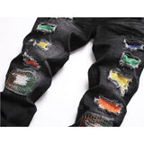 J Shaped Jeans Men's Jeans Straight Hole Colored Mosaic Patchwork Stick-on Crystals