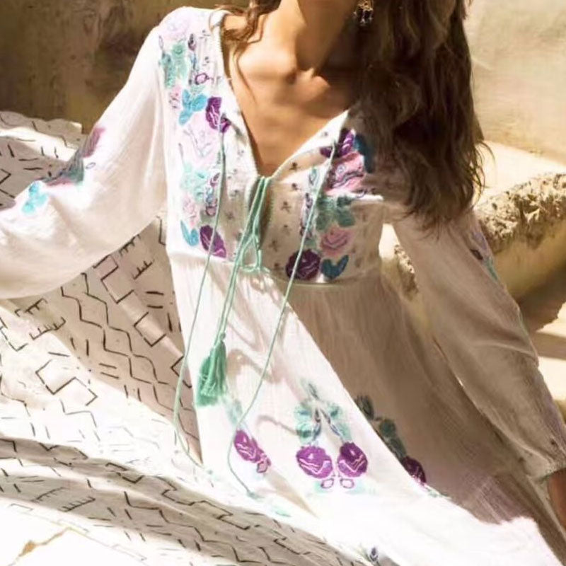Embroidered Flower Fashion Drawstring Lace-up Dress