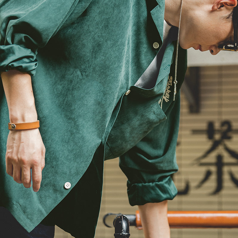 Work Shirts Vintage Dark Green Shirt Loose Peach Skin Bottoming Men