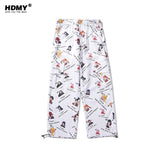 Men's Cartoon Flower Print Multi-Pocket Cargo Pants Men's plus Size Retro Sports Loose Hip Hop Drawstring Jogger Pants Men Pants