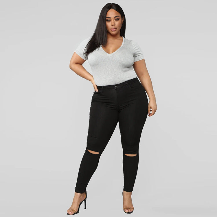 Women Plus Size Jeans Fashion High Stretch Denim Ripped Jeans
