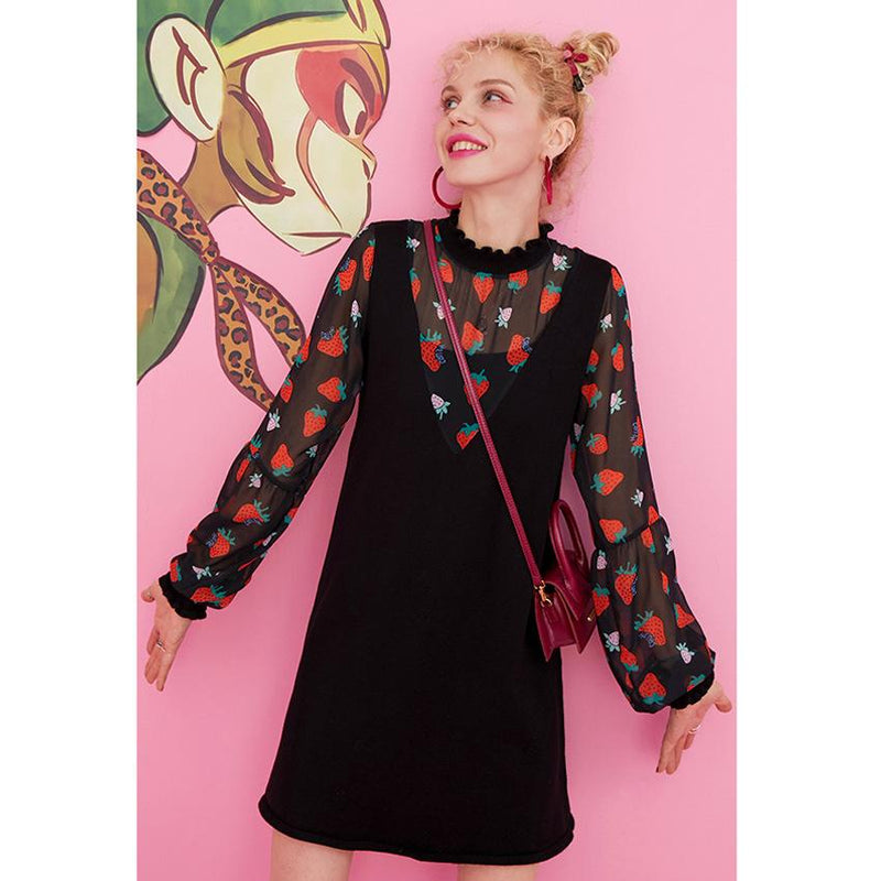 Half-High Collar Suspender Dress Strawberry Knitted dress Printed Chiffon