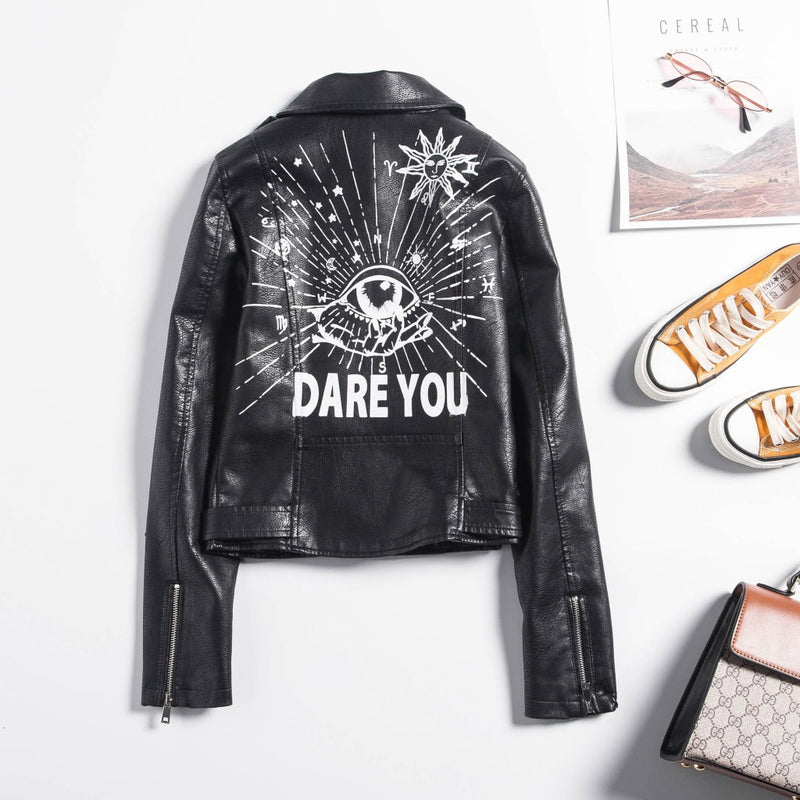 Eye Dare You Jacket Autumn Rivet Motorcycle Leather Coat Women's Handsome Cool Letter Printed PU Leather Jacket Short Coat