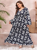 Women Plus Size Maxi Dresses Printed V-neck Long Dress