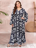 Women Plus Size Maxi Dresses Printed V-neck Long Dress