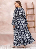 Women Plus Size Maxi Dresses Printed V-neck Long Dress