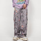 Men's Cartoon Flower Print Multi-Pocket Cargo Pants Men's plus Size Retro Sports Loose Hip Hop Drawstring Jogger Pants Men Pants