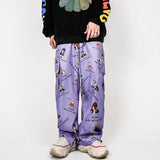 Men's Cartoon Flower Print Multi-Pocket Cargo Pants Men's plus Size Retro Sports Loose Hip Hop Drawstring Jogger Pants Men Pants