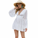 Bohemian Beach Dress Solid Color Chiffon V-neck Flared Sleeves
