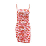 Women Summer Dresses  Mini Dress  Fashionable Printed Pleated Mesh Skirt Dress