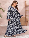 Women Plus Size Maxi Dresses Printed V-neck Long Dress