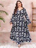 Women Plus Size Maxi Dresses Printed V-neck Long Dress