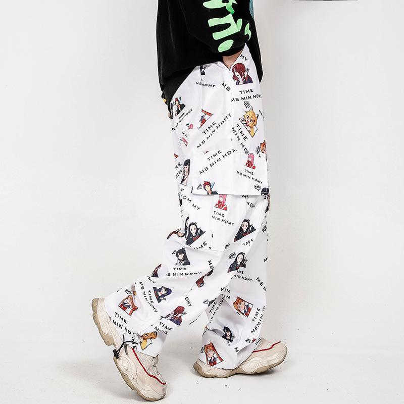 Men's Cartoon Flower Print Multi-Pocket Cargo Pants Men's plus Size Retro Sports Loose Hip Hop Drawstring Jogger Pants Men Pants