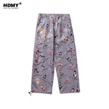 Men's Cartoon Flower Print Multi-Pocket Cargo Pants Men's plus Size Retro Sports Loose Hip Hop Drawstring Jogger Pants Men Pants