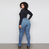 Women Plus Size Jeans Slim Fit High Waist Skinny Split Denim Trousers