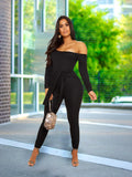 Women Plus Size Jumpsuits Straps Solid Color Off-Neck Long Sleeve Jumpsuit