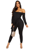 Women Plus Size Jumpsuits Straps Solid Color Off-Neck Long Sleeve Jumpsuit