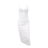 Women Summer Dresses  Midi Dress  Fashion Sexy V-neck Mesh Pleats Dress