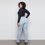 Women Plus Size Jeans Slim Fit High Waist Skinny Split Denim Trousers