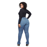 Women Plus Size Jeans Slim Fit High Waist Skinny Split Denim Trousers