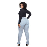 Women Plus Size Jeans Slim Fit High Waist Skinny Split Denim Trousers