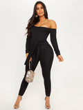 Women Plus Size Jumpsuits Straps Solid Color Off-Neck Long Sleeve Jumpsuit