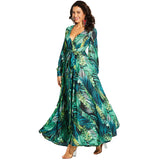 Beth Dutton Bohemian Dress Winter Autumn Midi Dresses Lantern Sleeve V-neck Green Leaves Printed Dress Large Swing Skirt