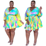 Women Plus Size Mini Dresses Printed V-neck Sexy Large Swing Dress with Belt