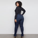 Women Plus Size Jeans Slim Fit High Waist Skinny Split Denim Trousers