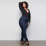 Women Plus Size Jeans Slim Fit High Waist Skinny Split Denim Trousers