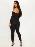 Women Plus Size Jumpsuits Straps Solid Color Off-Neck Long Sleeve Jumpsuit