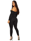 Women Plus Size Jumpsuits Straps Solid Color Off-Neck Long Sleeve Jumpsuit