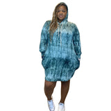 Women Plus Size Mini Dresses Tie-Dyed Printed Casual Fashion Hooded Dress with Side Pockets