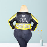 Women Plus Size Jackets Rivet Flower Letter Printed Motorcycle Clothing Leather Coat