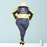 Women Plus Size Jackets Rivet Flower Letter Printed Motorcycle Clothing Leather Coat