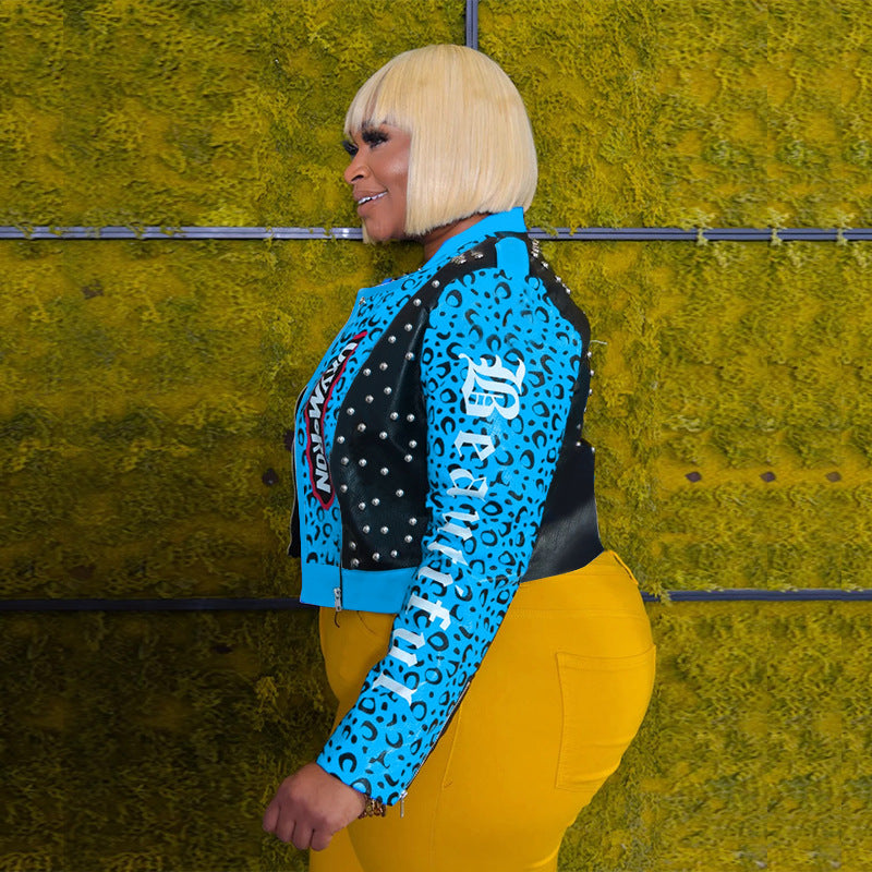 Women Plus Size Jackets Rivet Leopard Print Letter Print Motorcycle Clothing Leather Coat