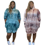 Women Plus Size Mini Dresses Tie-Dyed Printed Casual Fashion Hooded Dress with Side Pockets