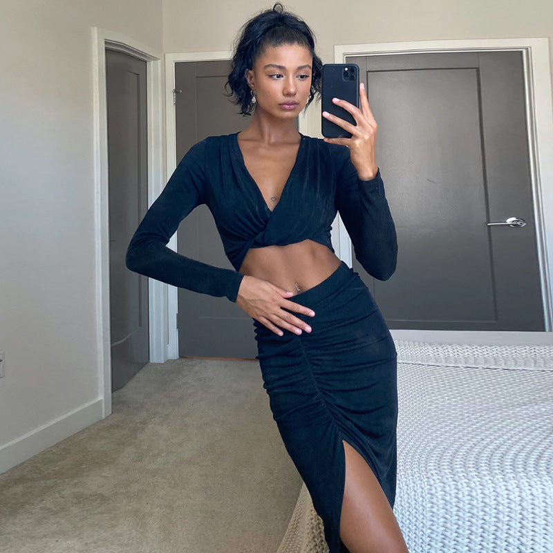 Women Top & Skirt 2 Piece Set Spring Cropped Sexy T-shirt Skirt Casual Suit
