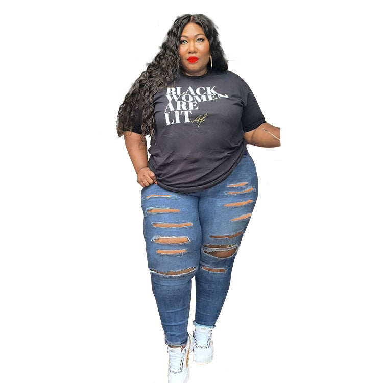 Women Plus Size Jeans Fashion Ripped High Elastic Denim Skinny Pants Women