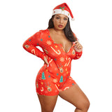 Women Plus Size Jumpsuits Christmas Sexy Stretch Knitted Printed Jumpsuit