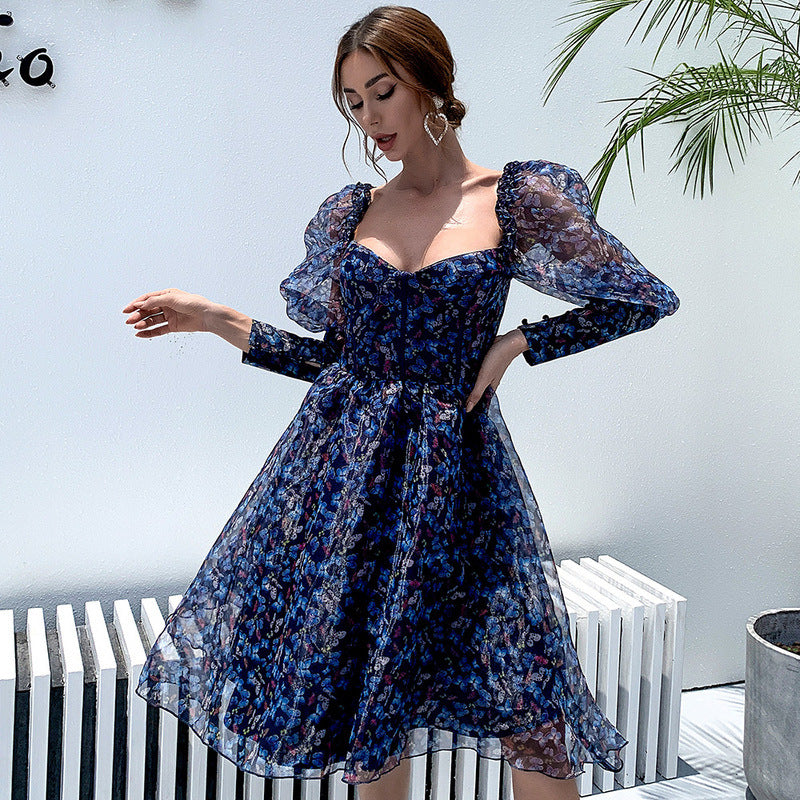 Bohemian Beach Dress Small Floral Square Collar