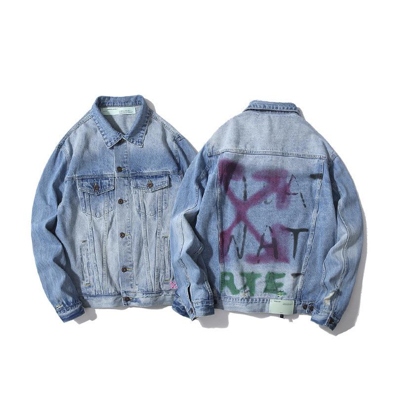 Arrow Denim Jacket Jean Coat off Ow White Graffiti Rendering Arrow Distressed Locomotive Unisex Denim Jacket Coat Owt