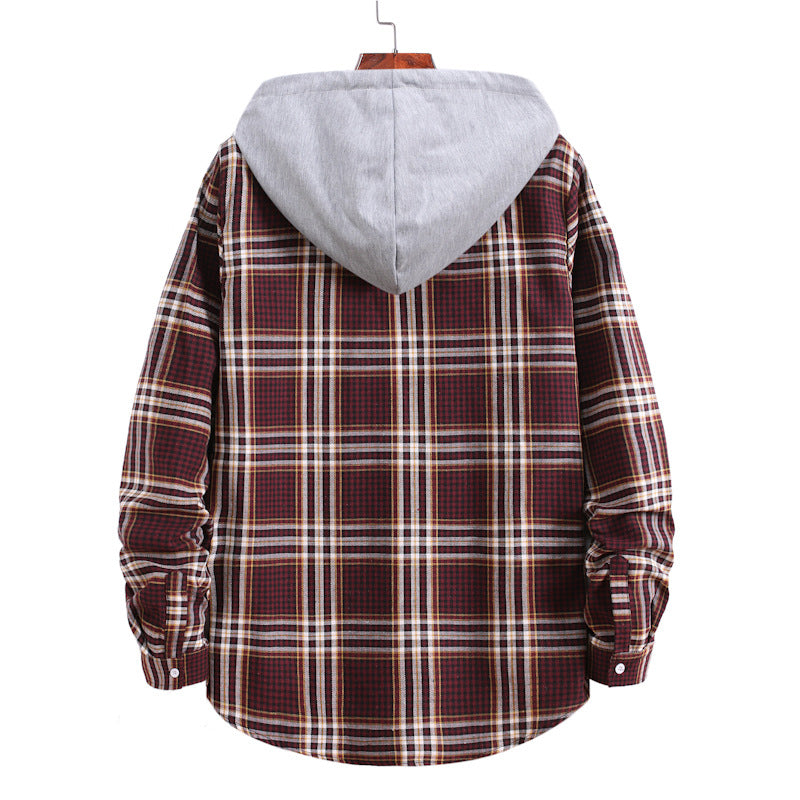 Mens Flannel Jacket with Hoodie Long Sleeve Plaid Shirt Youth Casual Loose-Fitting Hoodie Color Matching Shirt Men