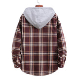 Mens Flannel Jacket with Hoodie Long Sleeve Plaid Shirt Youth Casual Loose-Fitting Hoodie Color Matching Shirt Men