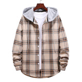 Mens Flannel Jacket with Hoodie Long Sleeve Plaid Shirt Youth Casual Loose-Fitting Hoodie Color Matching Shirt Men